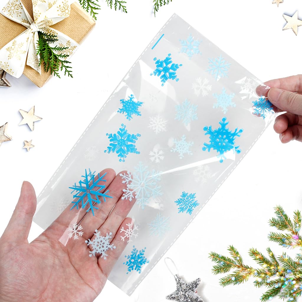 Cellophane Christmas Candy Bags,100 Pieces Xmas Snowflake Clear Treat Sweet Party Gift Bags with 100 Pull Bows for Christmas Party Favors-White&Blue(25cm*15cm)