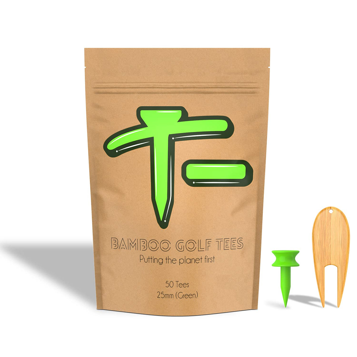 T- Bamboo Golf Tee - Pack of 50 x 25mm Castle Tee (Green) - Strong, Sturdy and Eco-Friendly - includes Bamboo Pitch Mark Repair Tool