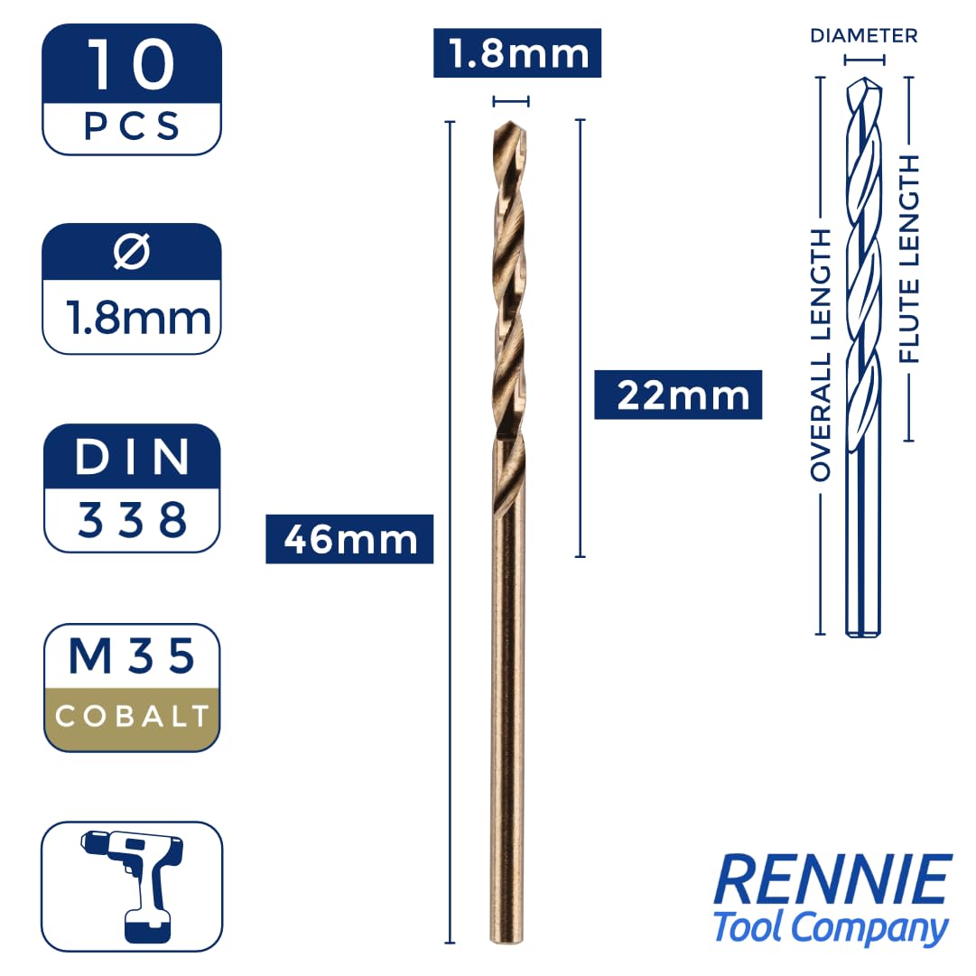 Rennie Tools - Box of 10 x 1.8mm HSS Gold Cobalt Jobber Drill Bit Set For Stainless Steel, Hard Metals, Aluminium, Cast Iron, Copper. Twist Drill Bit Sets Supplied In A Box. 1.8mm Drill Bit Set