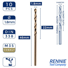 Rennie Tools - Box of 10 x 1.8mm HSS Gold Cobalt Jobber Drill Bit Set For Stainless Steel, Hard Metals, Aluminium, Cast Iron, Copper. Twist Drill Bit Sets Supplied In A Box. 1.8mm Drill Bit Set