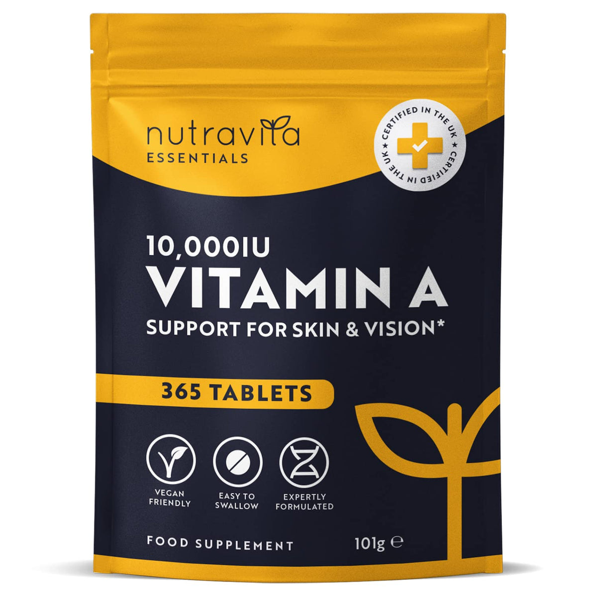 Vitamin A 10,000 IU – 365 Vitamin A Tablets (1 Year Supply) - High Strength Vitamin A Supplement for Normal Skin, Eyes & Immune System - Alternative to Vitamin A Capsules – Vegan Friendly - Nutravita