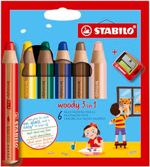 Multi-Talented Pencil - STABILO woody 3 in 1 - Pack of 6 - Assorted Colours with Sharpener