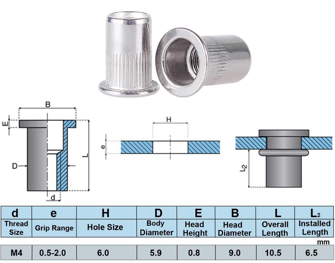 50pcs M4 Rivet Nut Stainless Steel Rivet Nuts Threaded Insert Nutsert Rivnuts M4-0.7