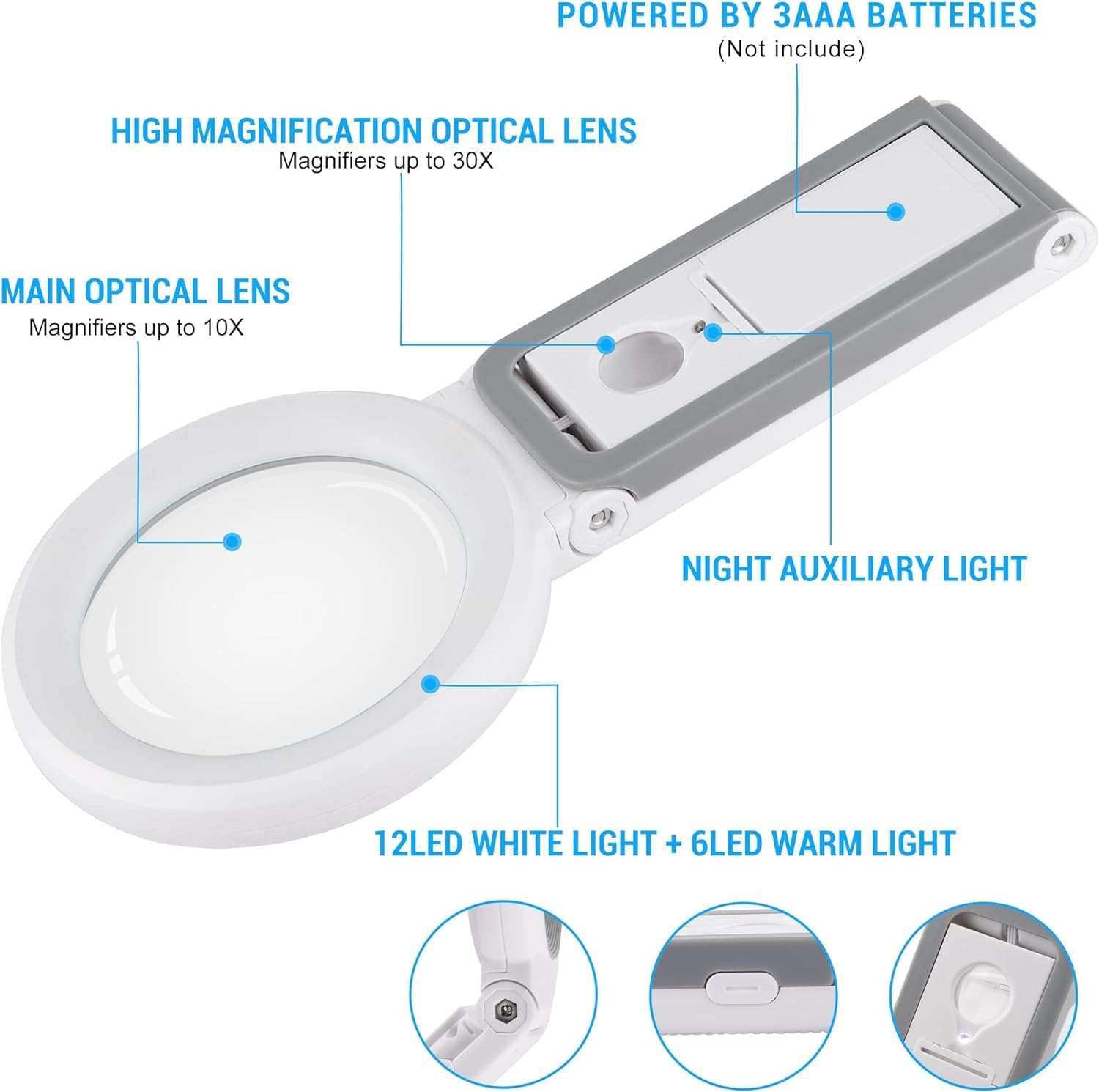 Magnifying Glass with Light and Stand with 18 LEDs, 10 X 30 X Foldable Magnifier 3 Lighting Modes, dimmable Desktop Magnifier for The Elderly, Children, Reading, Inspection, Hobby - with Lens Cloth