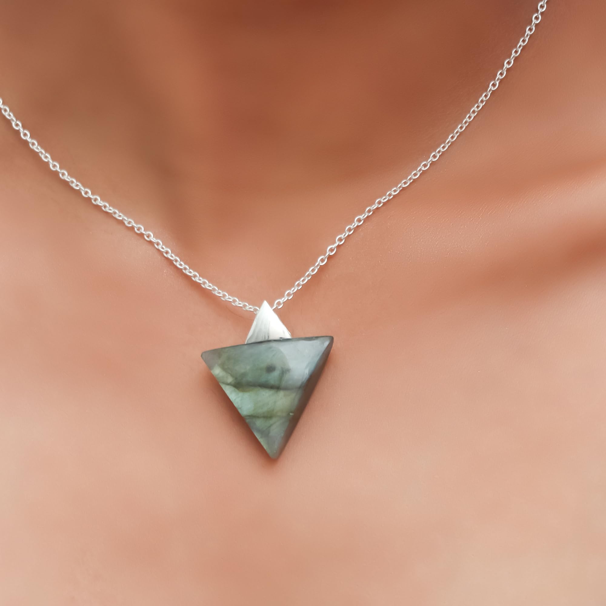 Gempires Labradorite Pendant in Triangle Shape - Pendant for Protection Against Negetive Energy With 16 and 2 Inch Silver Plated Adjustable Chain (Labradorite)