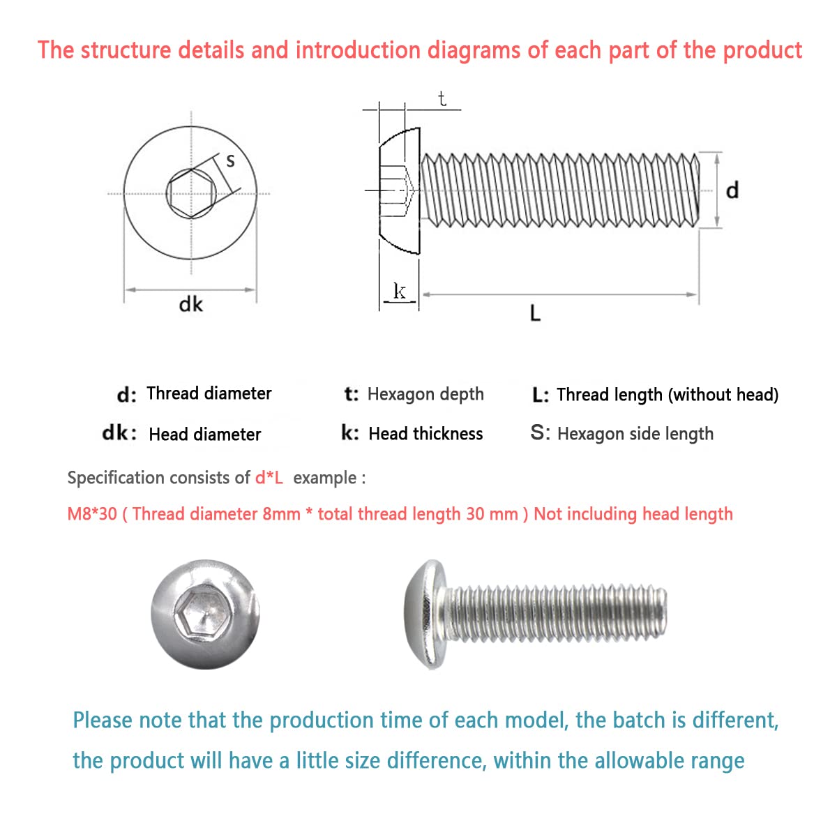 Bolts and Nuts Set, Hex Head M8 Stainless Steel Machine Screws and Round Head Hexagon Socket Bolts Assortment(12/16/20/25/30/35/40/45/50mm) (M8, Silver)