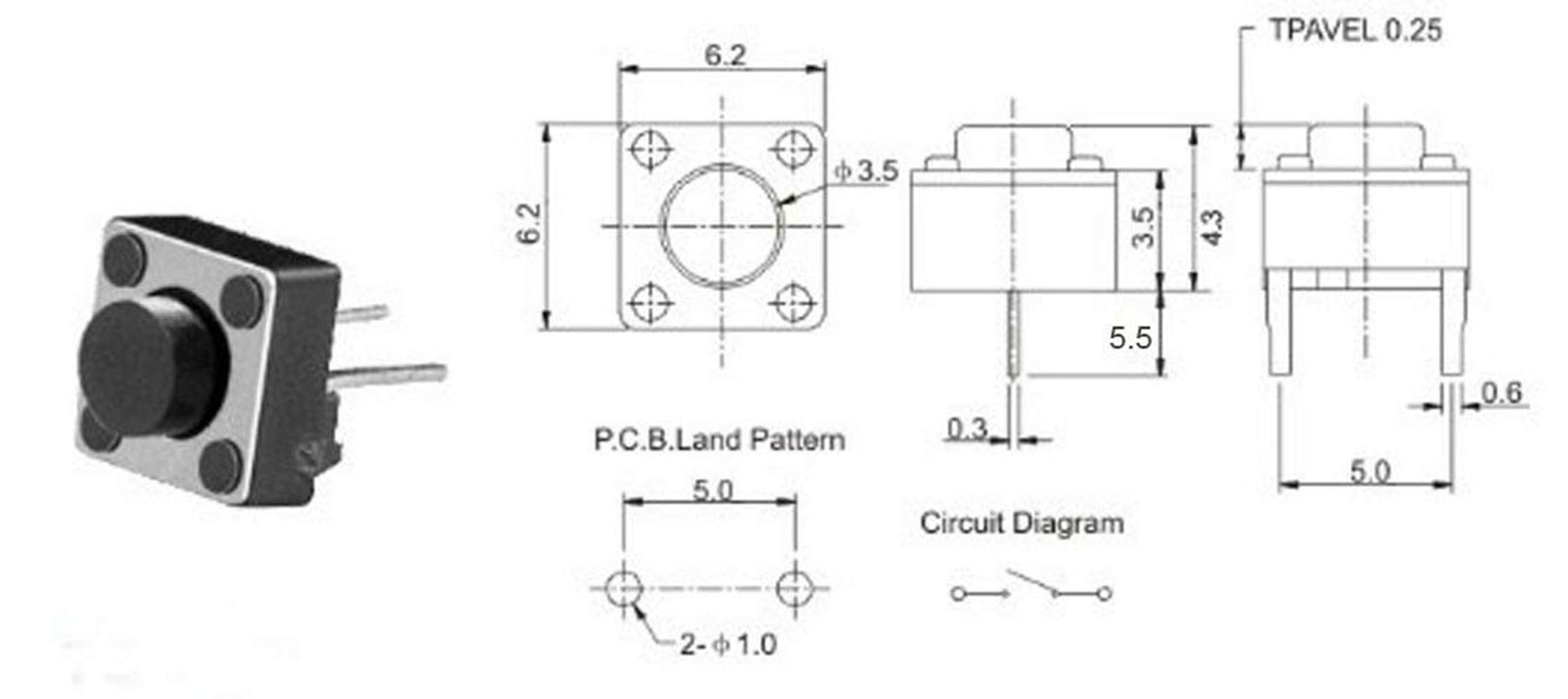 Youmile 100PACK Tact Button Switch 2 Pin DIP 6x6x5mm PCB Momentary Tactile Tact Push Button Switch