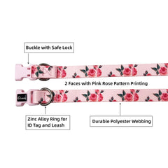 Olahibi Dog Collar and Leash Set, Cute Rose Pattern, Polyester Material, 5ft Leash, for Puppy Dogs.(XS,Pink Rose)