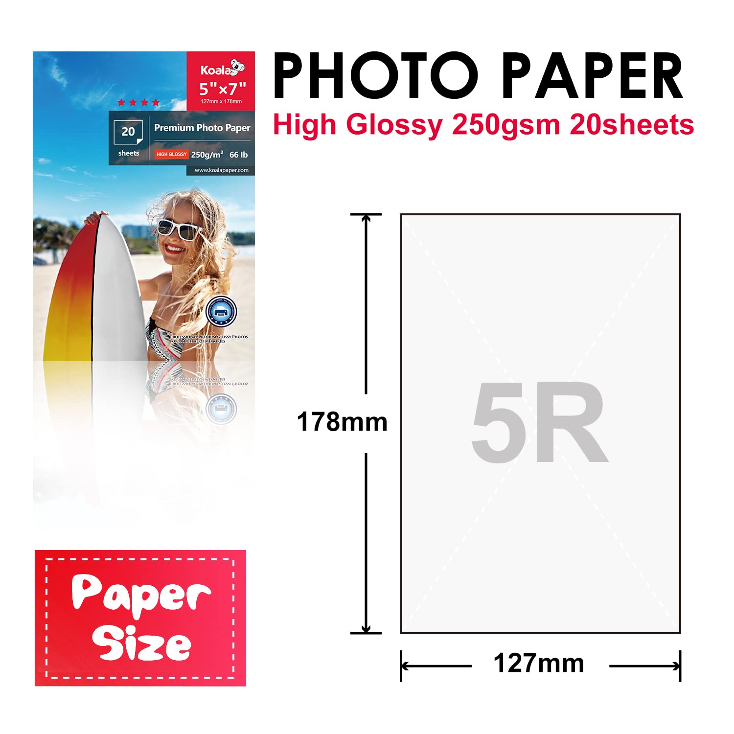 KOALA Glossy Photo Paper 5x7 inch 13x18 cm 250gsm 20 Sheets with Premium High Glossy Advanced Resin Coated for Canon Hp Epson Inkjet Printer