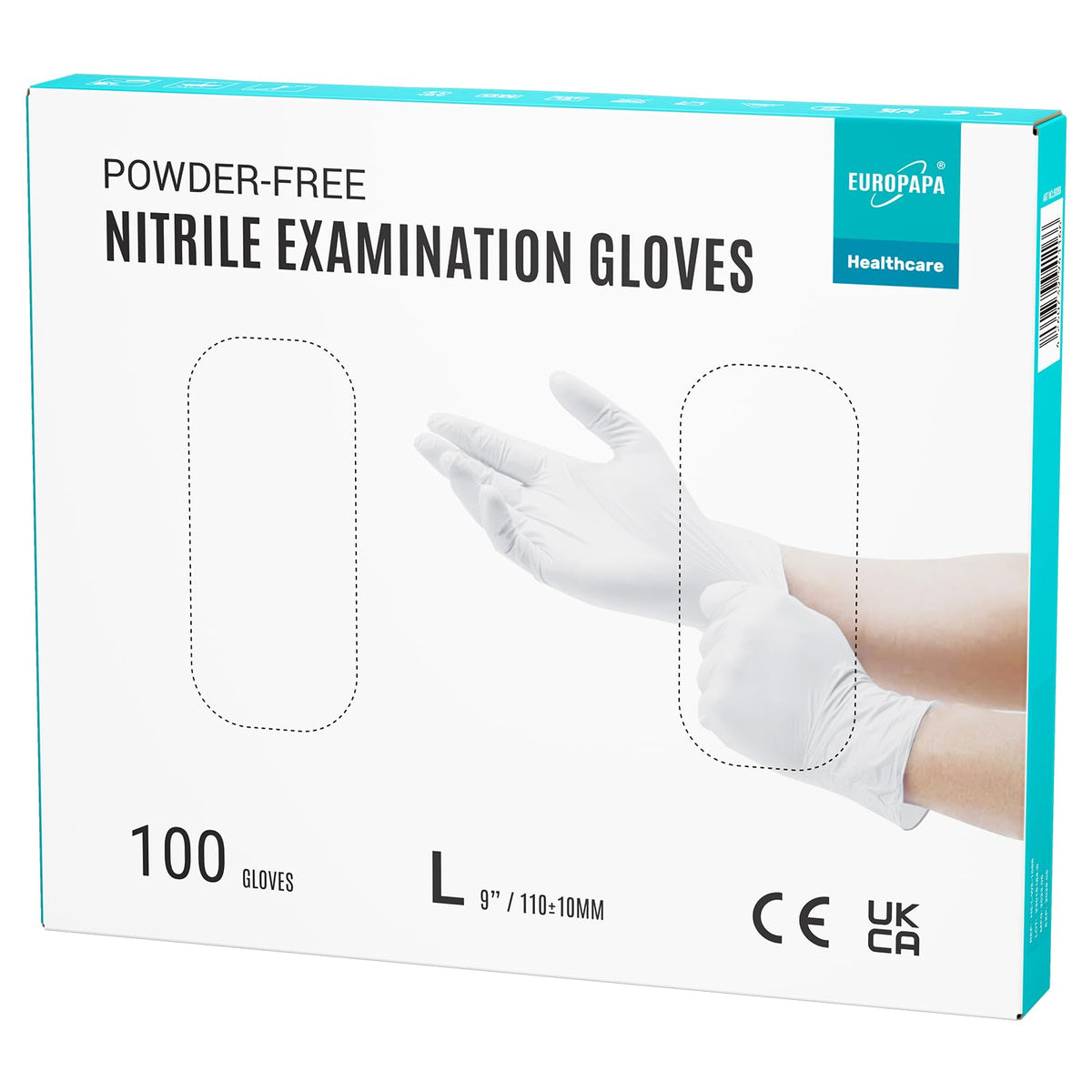 EUROPAPA® Disposable Nitrile Gloves White Box of 100 Disposable Gloves Examination Gloves Nitrile Gloves Powder-Free Latex Free Non-Sterile Latex-Free Disposable Gloves (L, White)