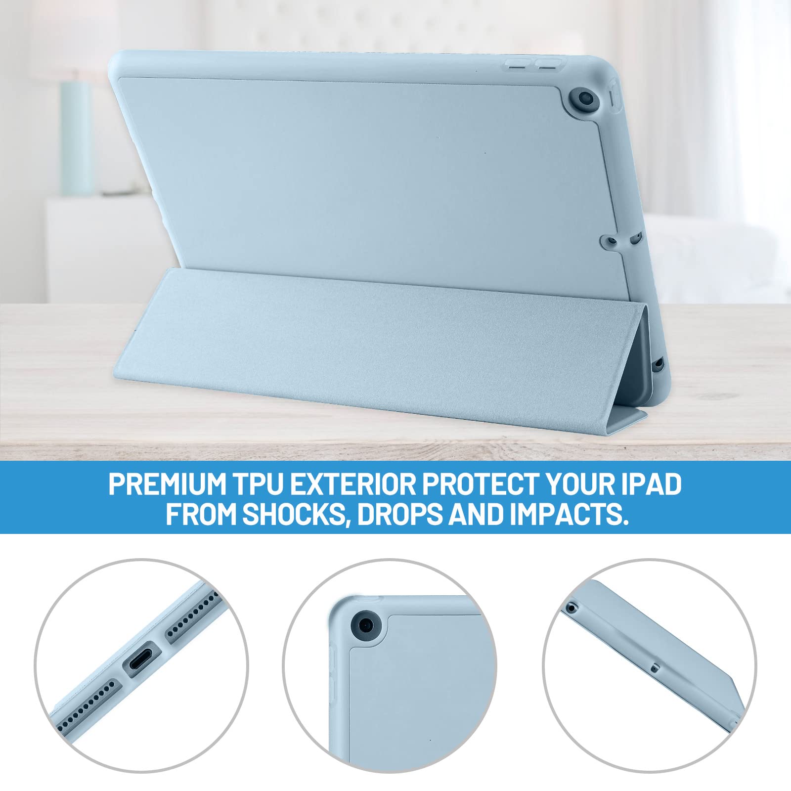 Case Compatible with iPad 9th/8th/7th Generation Case, Premium PU Leather and Soft TPU Back Case with Pencil Holder, Auto Sleep/Wake 10.2 Inch iPad Case Cover 2021/2020/2019 (Sky Blue)