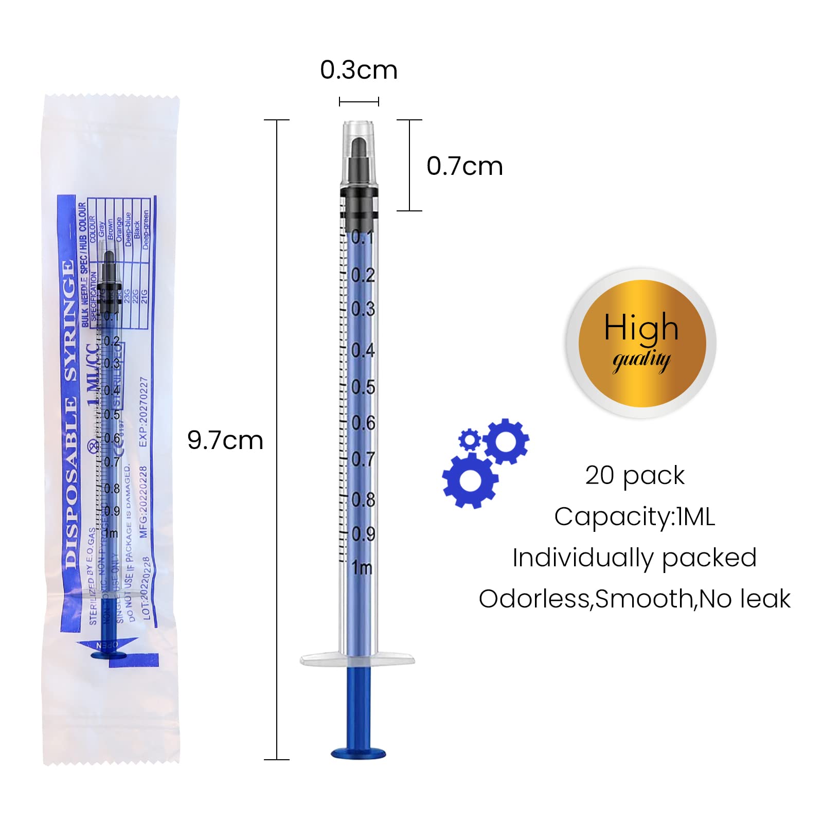 20 Pack 1ml Syringe with Cap Individual Wrap, Plastic Syringes without Needle for Science Labs, Colostrum Collector, Glue Applicator, Feeding Pets, Measuring Liquids (20x1ml)