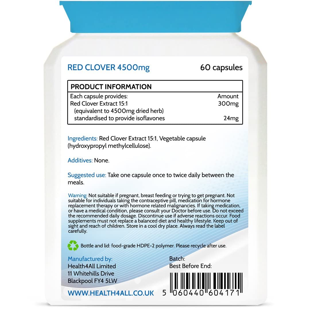 Health4All Red Clover 4500mg 60 Capsules (V) High Strength Extract: 24mg isoflavones in Each Capsule for Menopause Support. Vegan Supplement