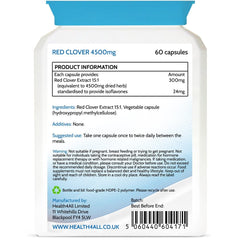 Health4All Red Clover 4500mg 60 Capsules (V) High Strength Extract: 24mg isoflavones in Each Capsule for Menopause Support. Vegan Supplement