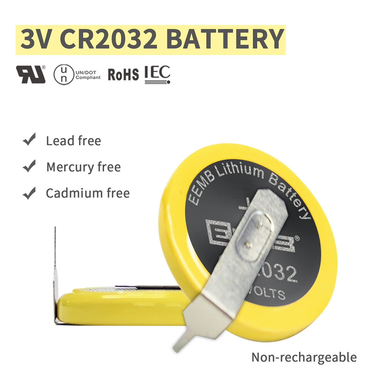 10X EEMB CR2032 Battery with Solder Tabs Non-Rechargeable Tabbed 3V CR2032 Lithium Batteries UL Certified (10 Count, CR2032-VBY2)
