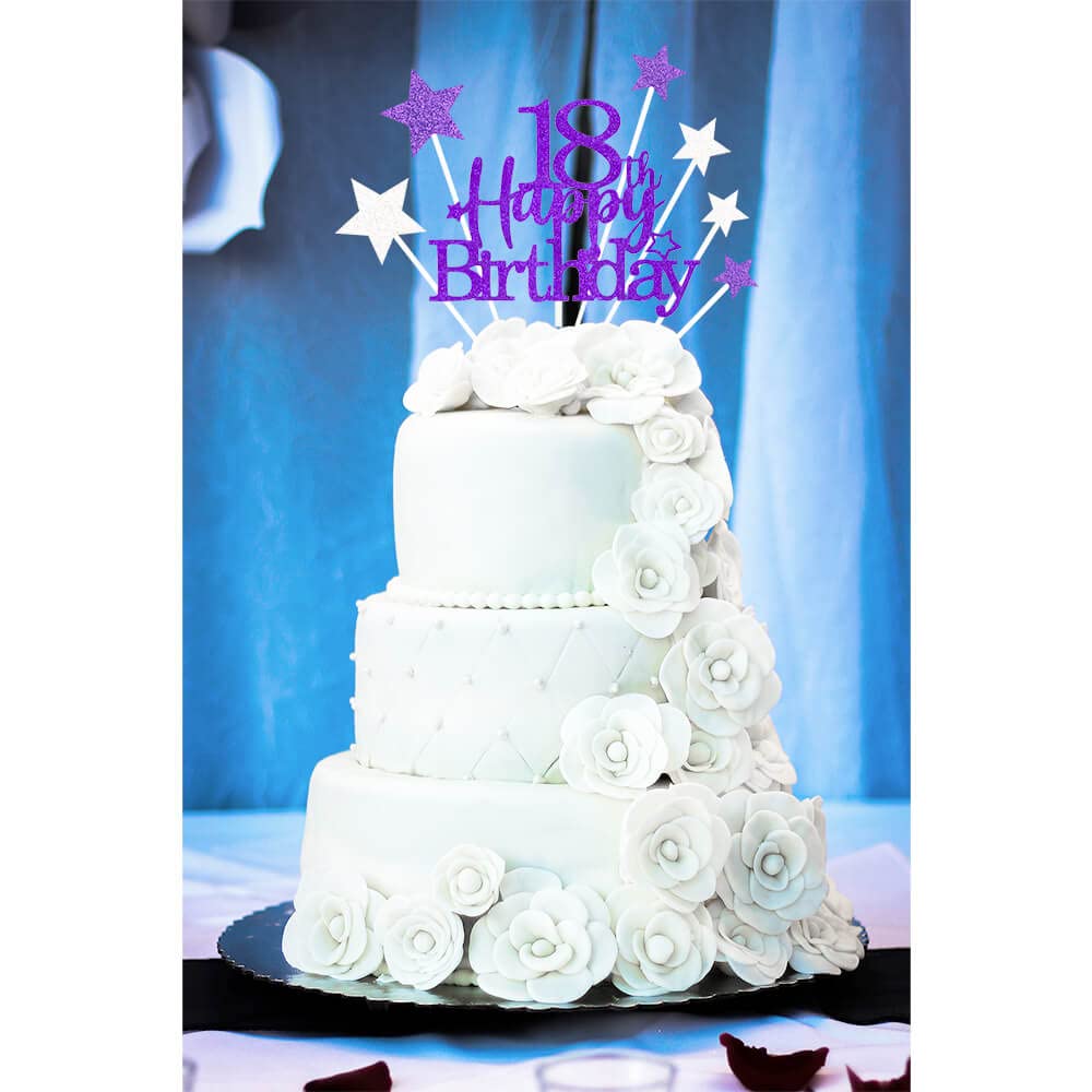 Glittery 18th Happy Birthday Cake Topper with Star,Personalised 18 Birthday Cake Toppers Party Decorations Party Supplies for Boys Girls Purple Silver