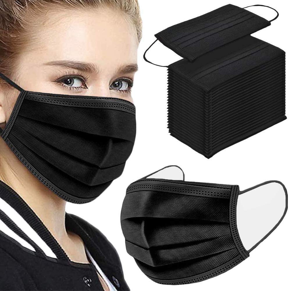 Tanness (Pack of 50) Black 3 Ply Safety Masks - Disposable Black Face Masks Protective 3 Ply Breathable Triple Layer Mouth Cover with Elastic Earloops UK