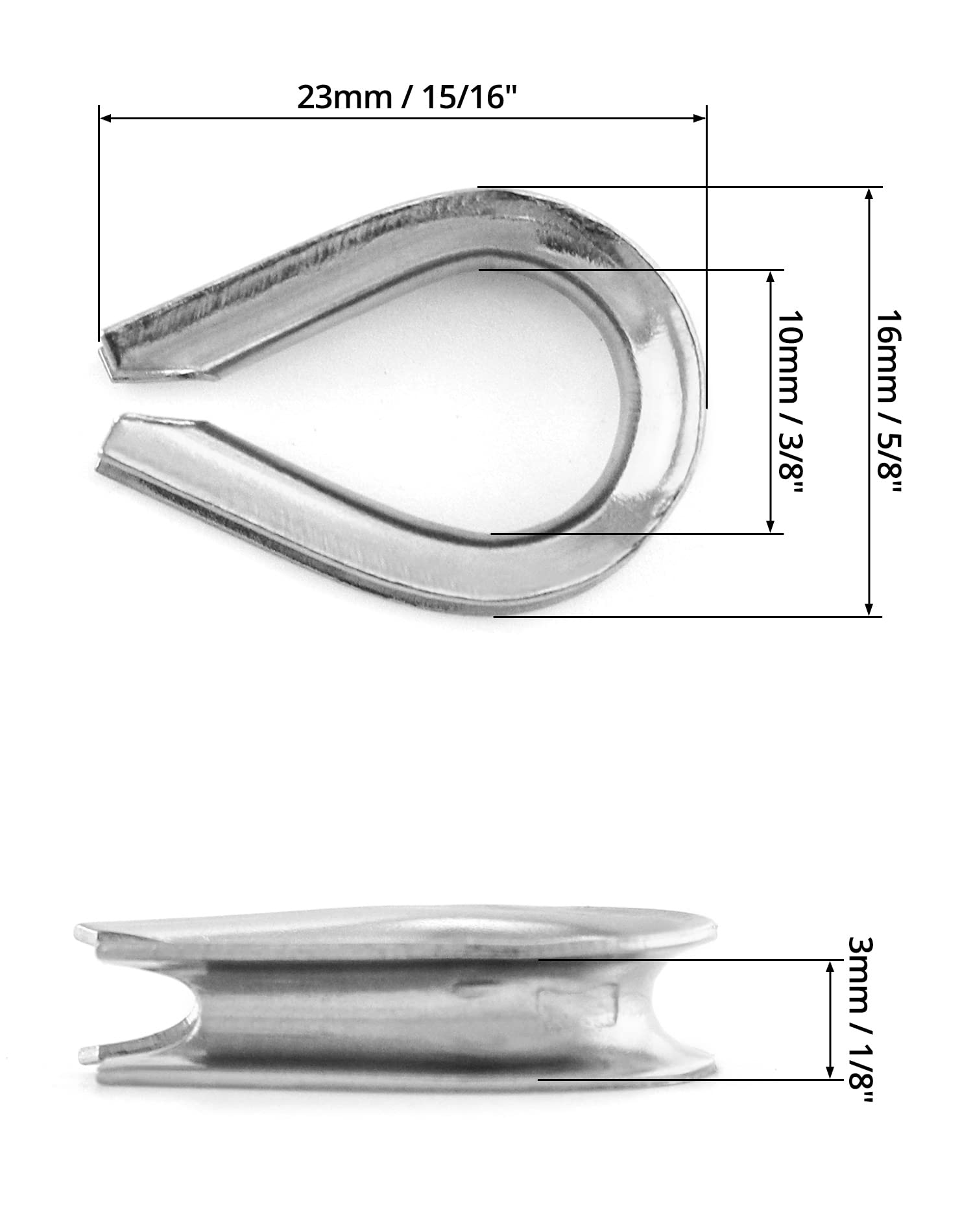 QWORK® M3 Wire Rope Thimbles for 2.5-3mm Diameter Steel Wire Rope, 304 Stainless Steel, 50 Pcs