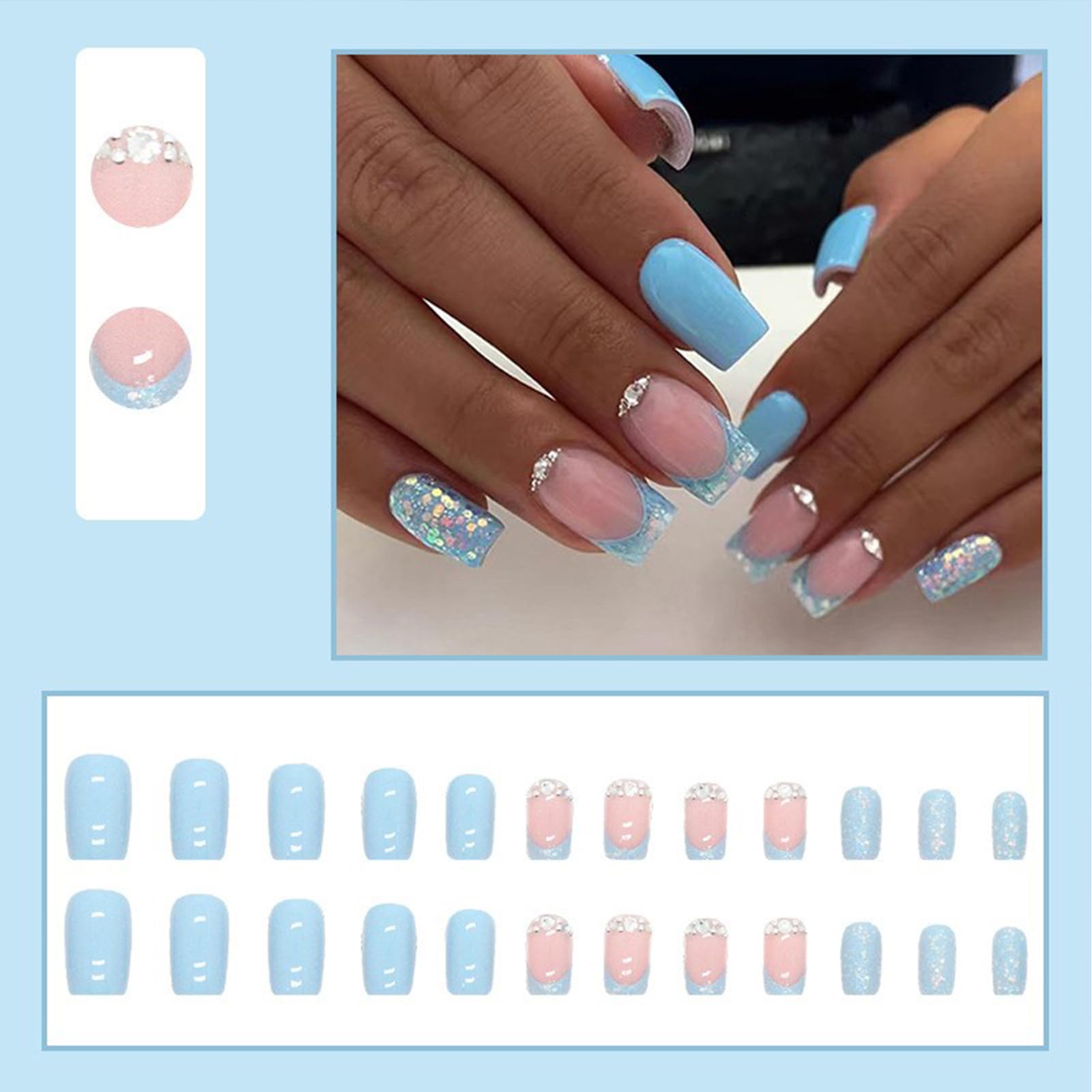 24pcs Short Square False French Tip False Nails Stick on Nails Glitter Press on Nails Removable Glue - on Fake Nails Acrylic Full Cover Nails Women Girls Nail Art Accessories (French White Edge)