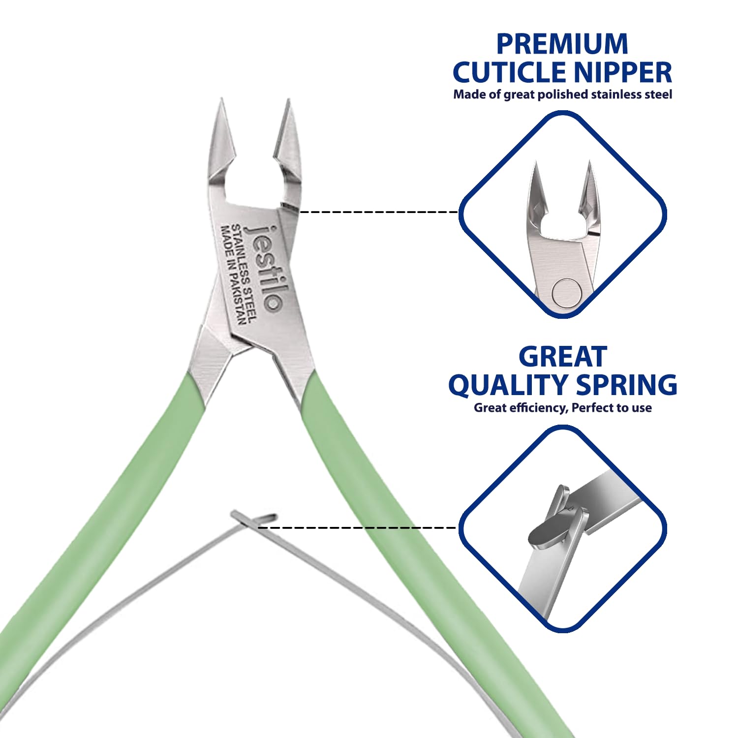 Jestilo Cuticle Remover Tool Set with Cuticle Cutter and Cuticle Pusher - Stainless Steel Professional Cuticle Nipper and Pusher Nail Care Tools for Salon and Level Mani-Pedi at Home - Silver (Green)