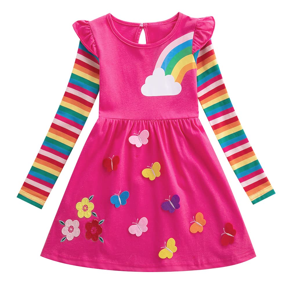 SFreeBo Girls Dress 5-6 Rainbow Long Sleeve Dress Girls Rose Red T-Shirt Dress Kids Winter Cotton Pocket Stripe Casual A-line Dress