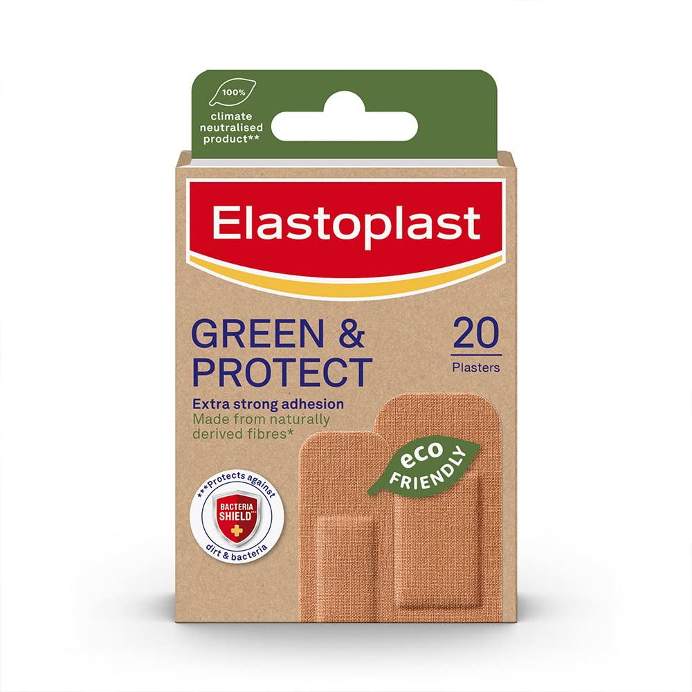 Elastoplast Green & Protect Sustainable Plasters (20 Pieces), Plasters for Painless Removal, Soft and Breathable Natural Fabric Plasters, Water-Repellent Plasters, Eco-Friendly Protection, Tan