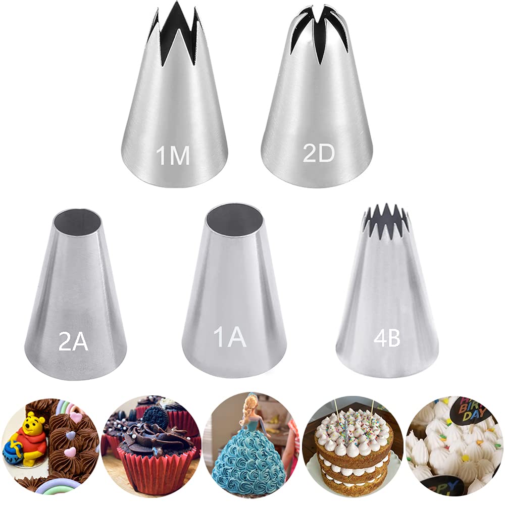 Cake Piping Nozzles Tips Kit,5 Pcs Piping Nozzles Large Cake Decorating Tools,Stainless Steel Icing Piping Tips for Baking DIY Cookie Cream Cupcake Decorating,#1A 1M 2A 2D 4B