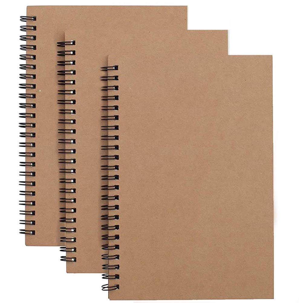 Spiral Notebook A5 Lined, 3 Pack Soft Cover Journal Kraft Cover Brown,100 Pages/ 50 Sheets Memo Notepads Planner Perfect for Travel School