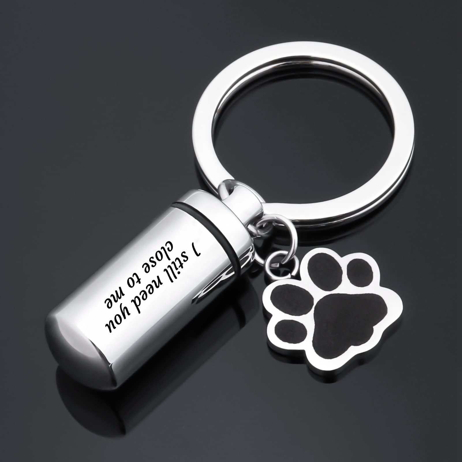 Canghai Stainless Steel Dog Paw Cremation Urn Keyring, Memorial Ashes Keepsake Keychain, Pet Charms Locket Pendant Cremation Jewellery for Ashes(I still need you close to me)