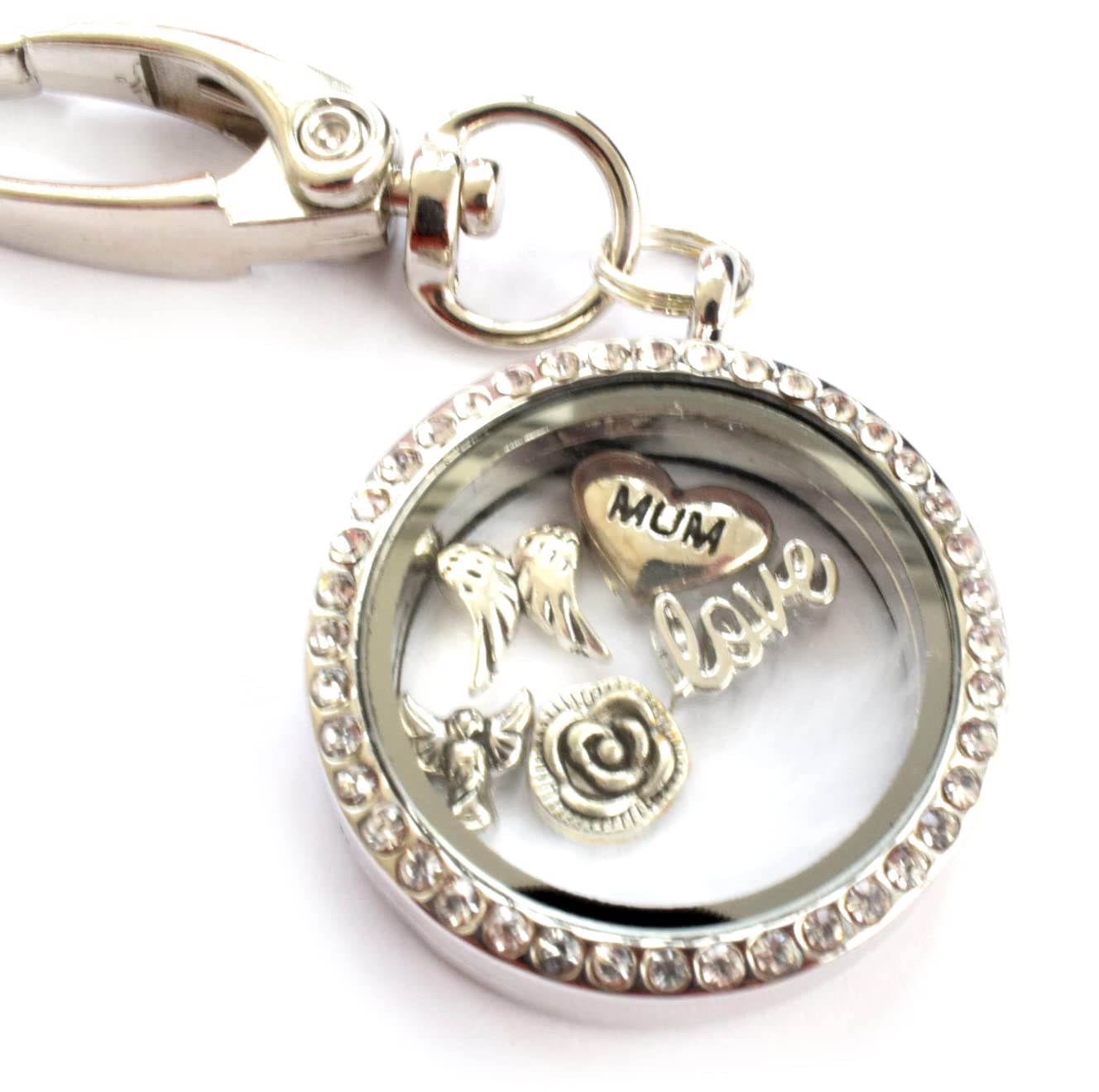 MUM In Memory Keyring. Real White Feather Inside Floating Locket Key Chain, Round Silver Colour Handbag Charm, Trinket. Angel, Wing, Rose, Love Charms. Sympathy gift