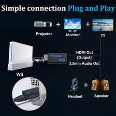 TFUFR Wii to HDMI Converter, Wii to HDMI Adapter, Wii to HDMI 1080P 720P 60hz Connector Output Video & 3.5mm Audio - Support Games TV Projector All Wii Display Modes - Black