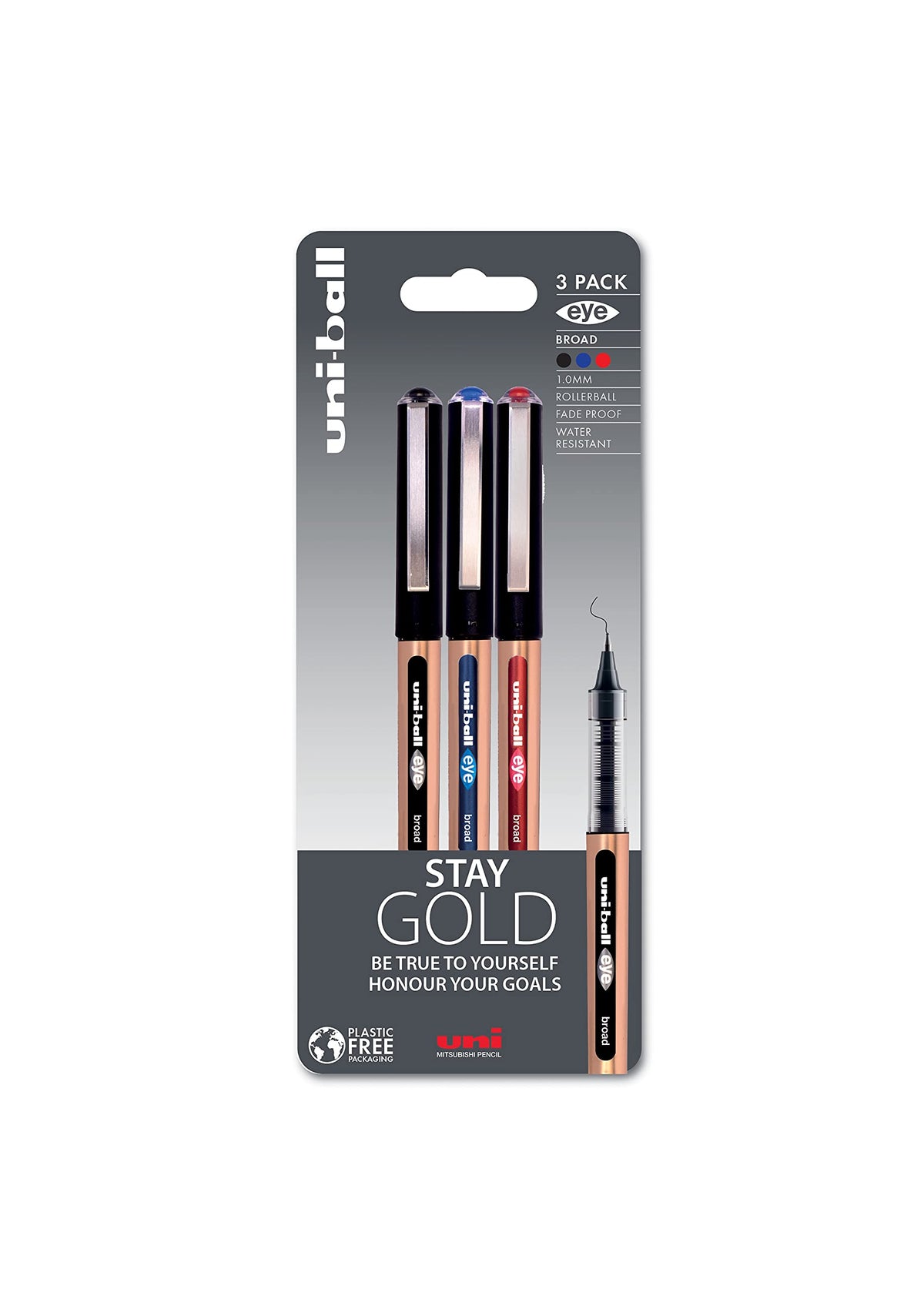 Uni-Ball UB-150-10 Eye On Point Stay Gold Broad Ballpoint Black, Blue and Red Pens. Premium 1.0mm Rollerball Tip for Super Smooth Handwriting. Fade and Water Resistant Liquid Uni Super Ink. Pack of 3