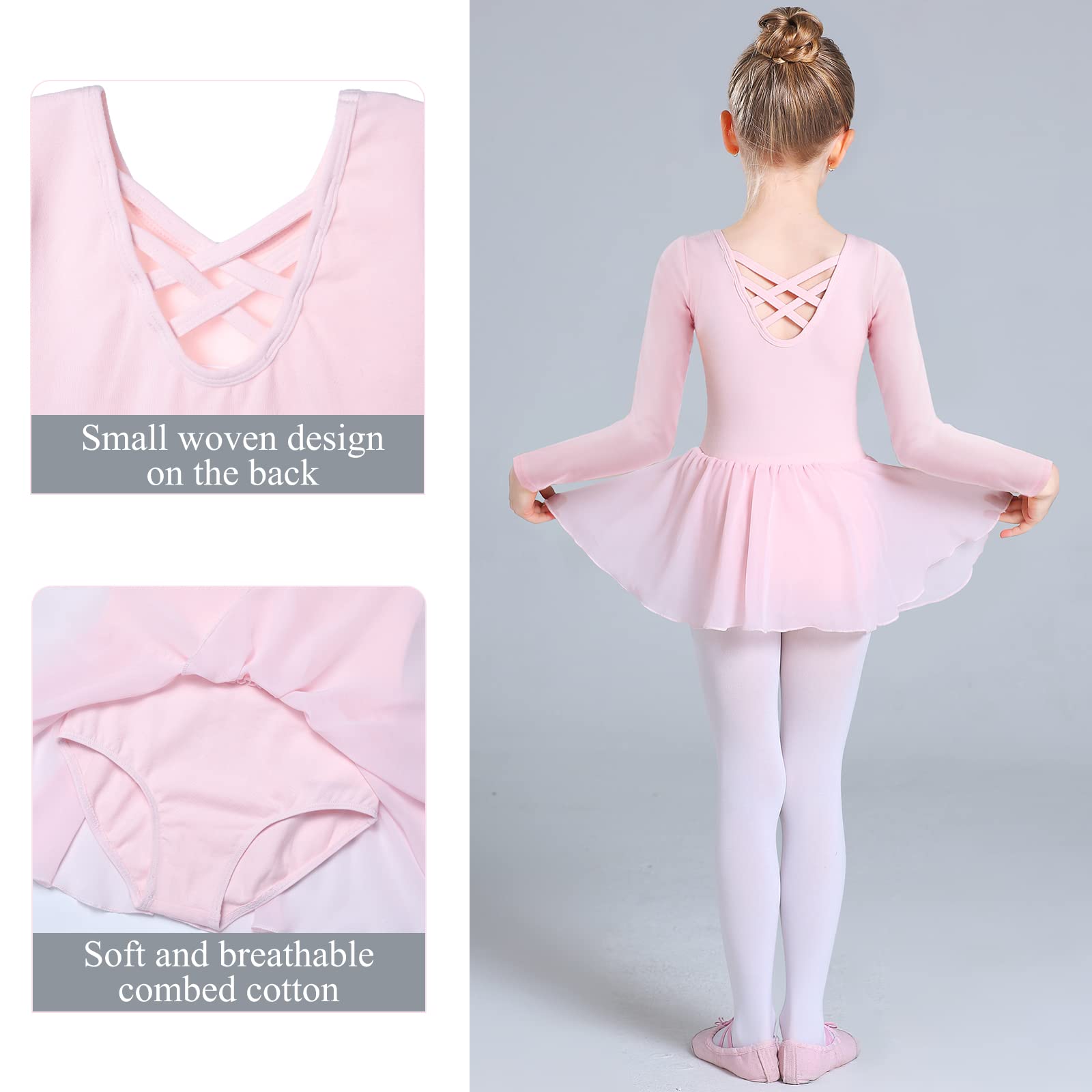 Ballet Leotard for Girls Long Sleeve Cross Straps Ballet Dress Kids Cotton Ballet Outfit Gymnastics Leotard with Chiffon Skirt Suit for 2-11 Years (Pink (Long Sleeve), 130 (120-130cm,5-7 Years))