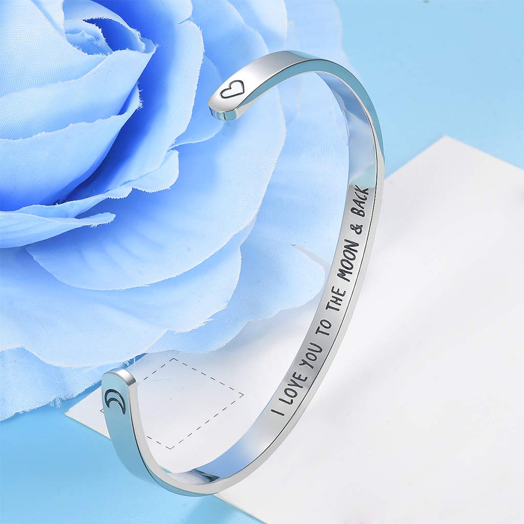 CERSLIMO Friendship Bracelet for Womens - Inspirational Friendship Gifts for Best Friend, Motivational Cuff Bangle for Sister Mother Teacher Gifts Bracelet Birthday Christmas Gifts, Moon & Back Silver