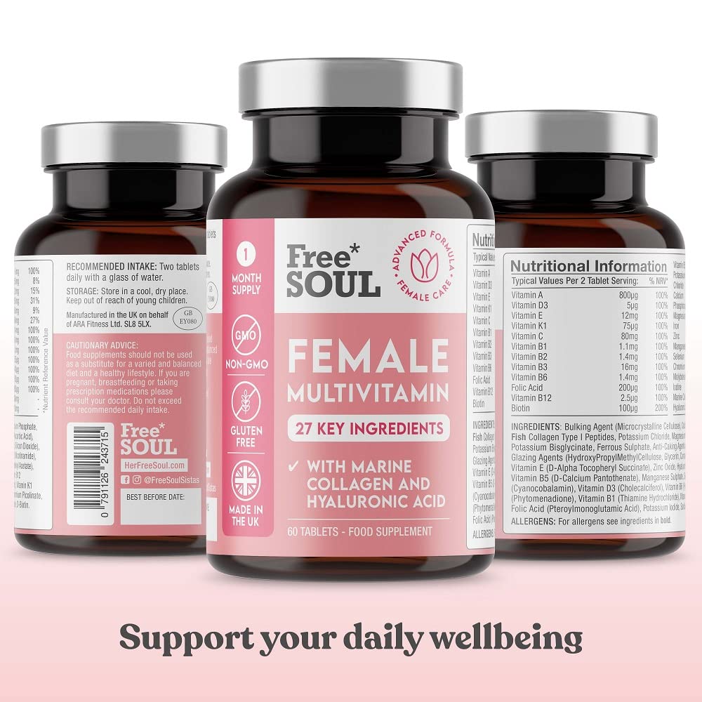 Women's Multivitamins and Minerals with Collagen & Hyaluronic Acid - 27 Essential Vitamins, Minerals, & Botanicals - 60 Tablets   Gluten-Free & No Synthetic Fillers or Binders   UK Made by Free Soul