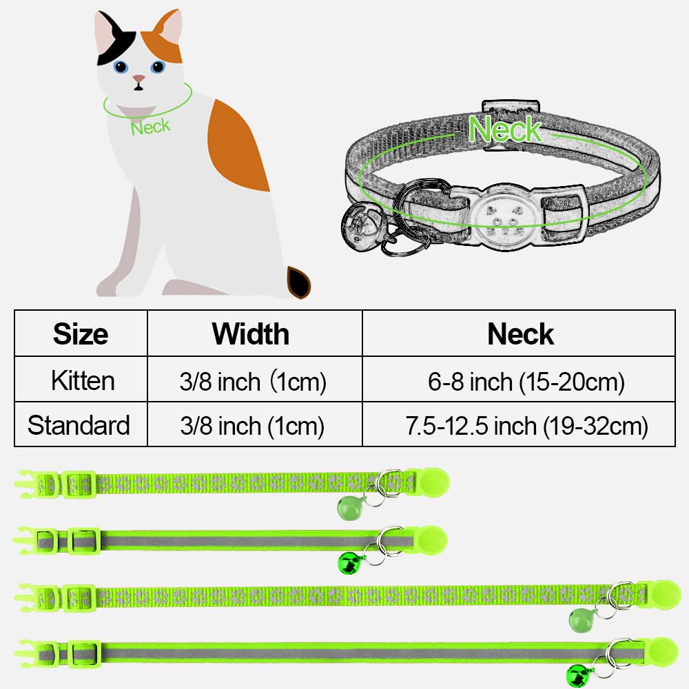 Taglory Reflective Cat Collar with Bell and Safety Release, 2-Pack Girl Boy Pet Kitten Collars Adjustable 15-20 cm Green