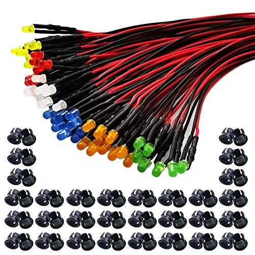 GTIWUNG 60Pcs 12V LED Lights Emitting Diodes, 3mm Pre Wired LED Diodes Light Ultra Bright (10PCS X 6 Colors)Assorted Kit Diffused Colored Lens and 60Pcs 3mm Plastic LED Holder LED Light Mounting Holders