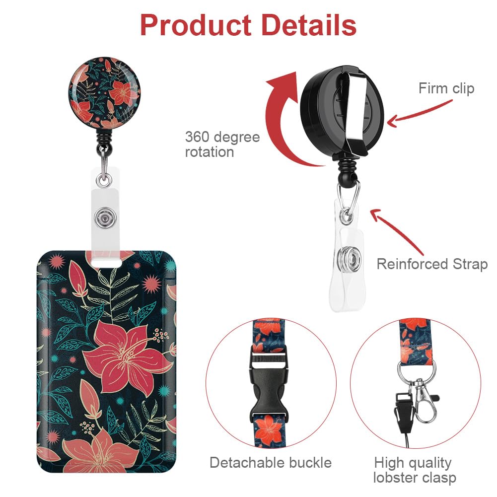 Vicloon Lanyard with Card Holder, 2Pcs ID Badge Holder with Lanyard, Retractable Badge Reel Carabiner Clip and Detachable Lanyard Strap Hard Card Protector for Women Teacher Student (Red Flower)