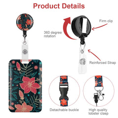 Vicloon Lanyard with Card Holder, 2Pcs ID Badge Holder with Lanyard, Retractable Badge Reel Carabiner Clip and Detachable Lanyard Strap Hard Card Protector for Women Teacher Student (Red Flower)