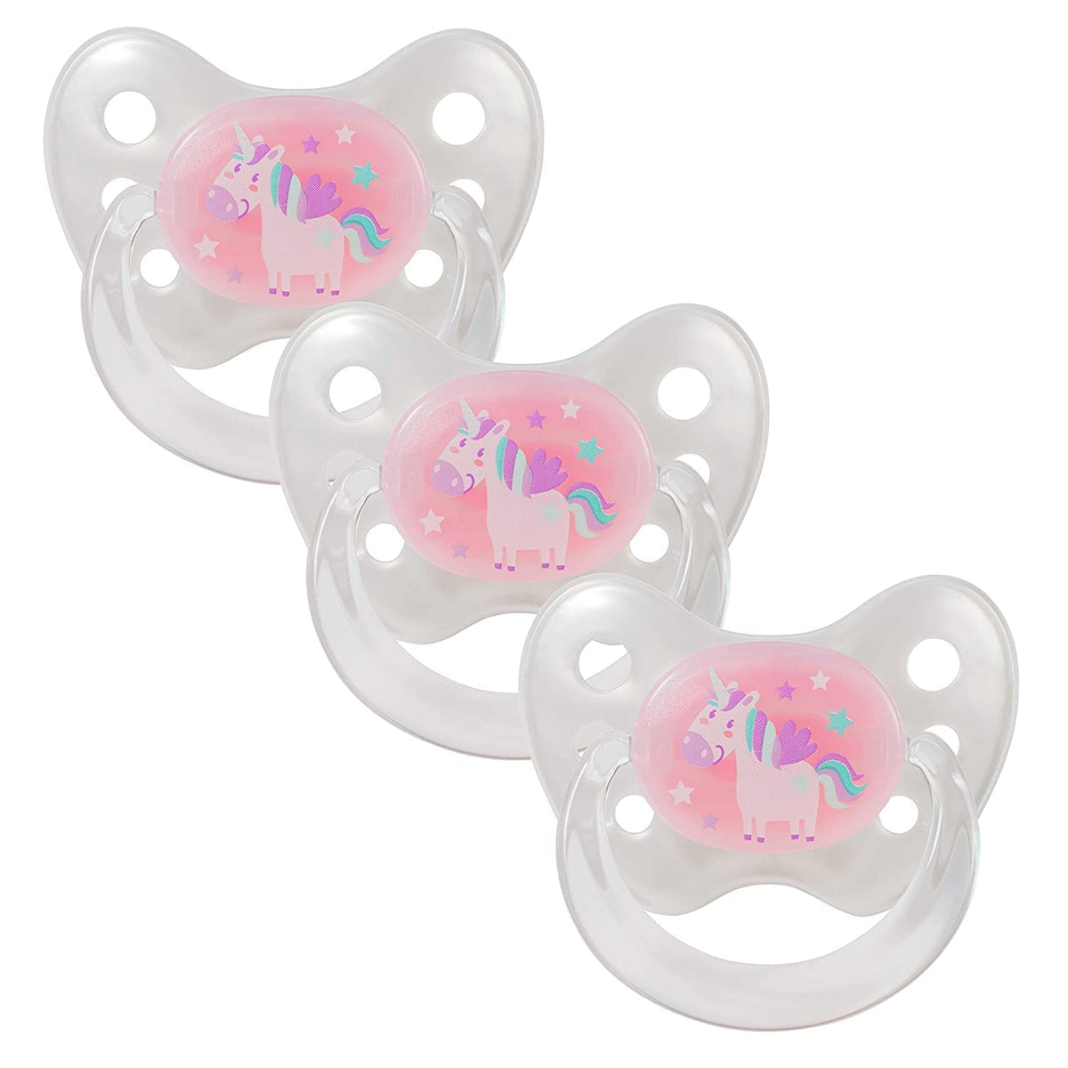 Dentistar® Silicone Soother Set of 3 - Size 1 for 0-6 Months - Tooth and Jaw Friendly Silicone Soother with Dental Step - White with Unicorn Motif - BPA Free Baby Accessories - Made in Germany
