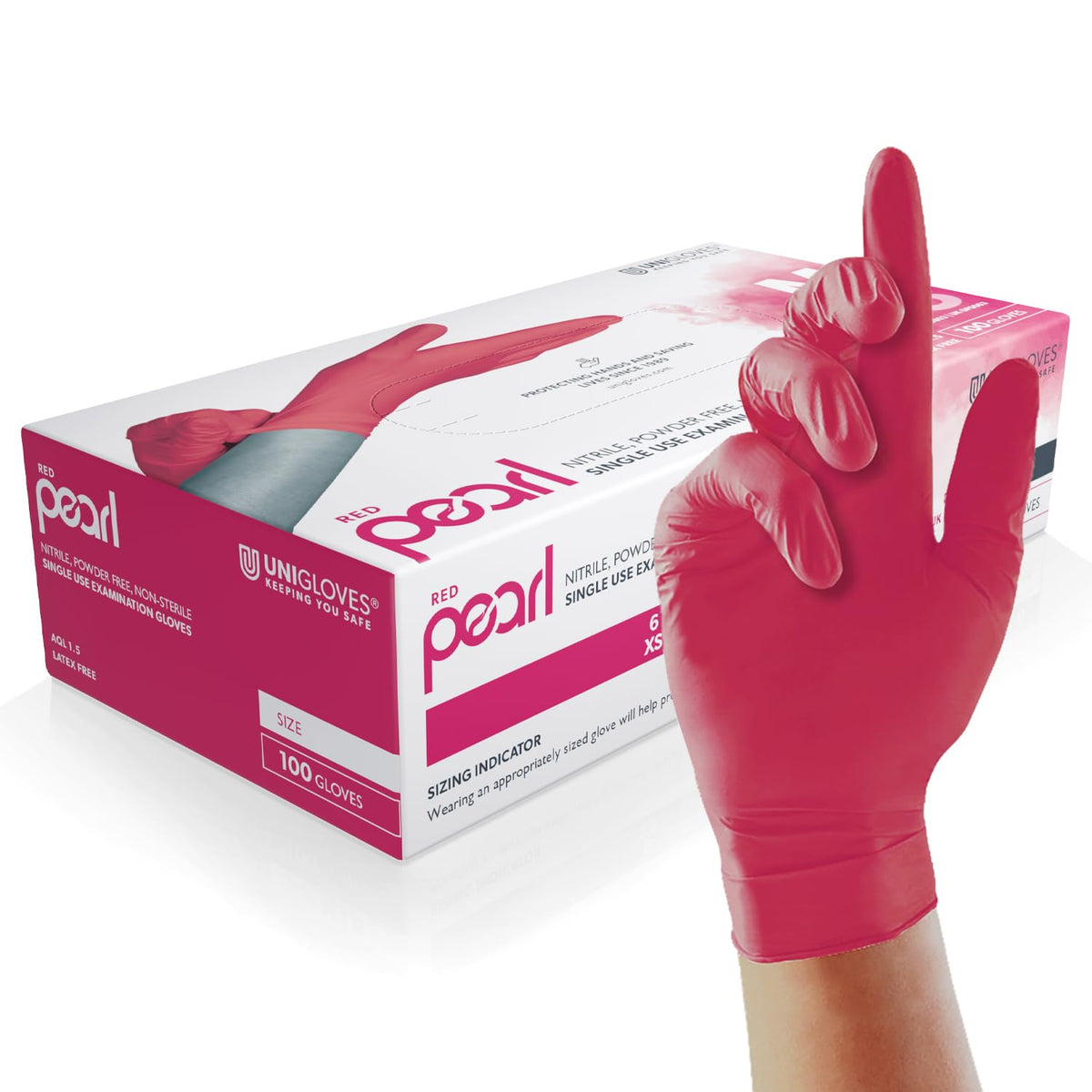 Unigloves Red Pearl Nitrile Examination Gloves - Multipurpose, Powder Free and Latex Free Disposable Gloves - Box of 100 Gloves, Red, Small (GP0062)