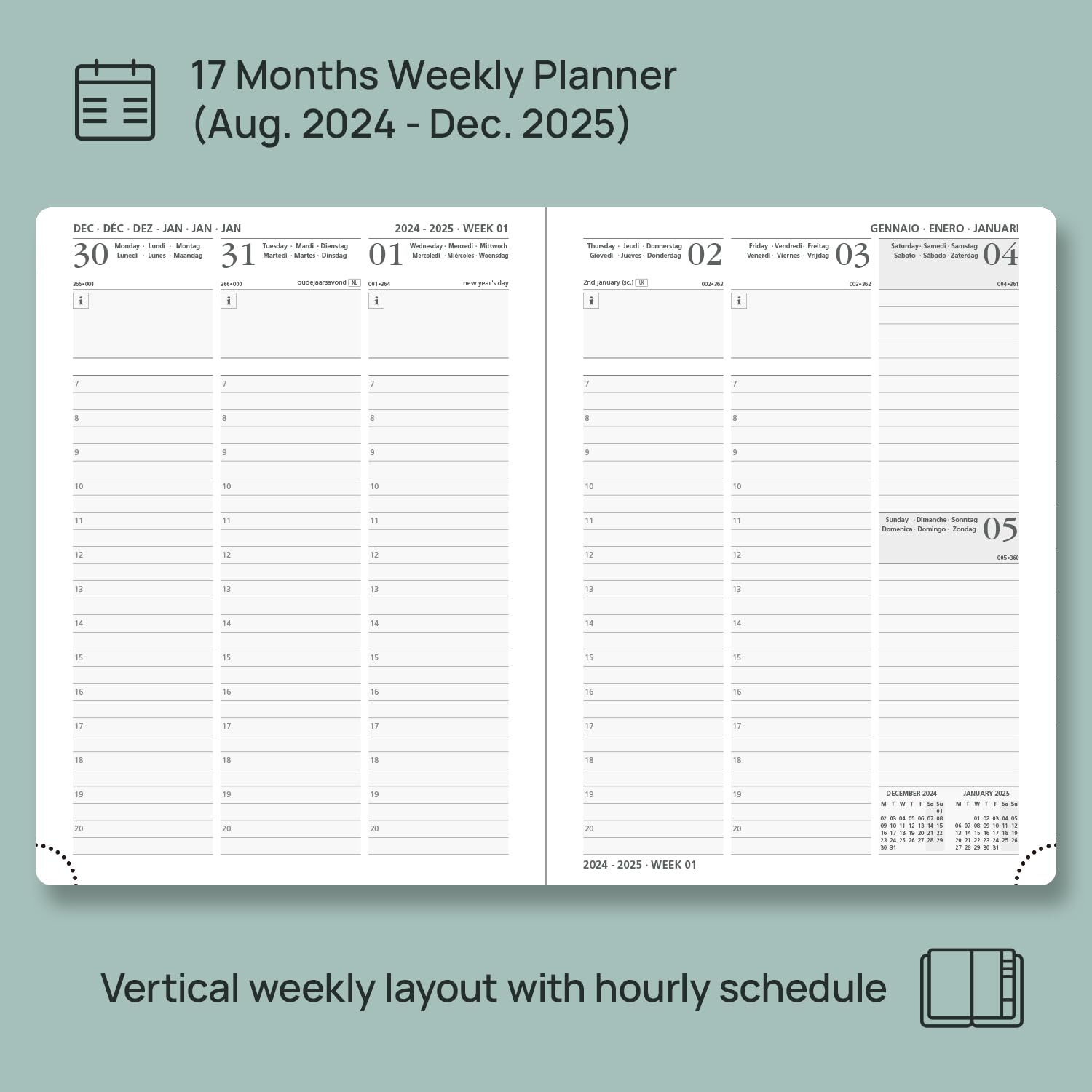 POPRUN 2024-2025 Academic Diary A5 Week to View (22x16.5 cm) Soft Cover 17 Months (Aug'24 - Dec'25) Vertical Weekly Planner 24/25 Mid Year Diary,PU Leather (Pacific Green)