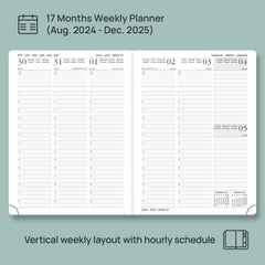 POPRUN 2024-2025 Academic Diary A5 Week to View (22x16.5 cm) Soft Cover 17 Months (Aug'24 - Dec'25) Vertical Weekly Planner 24/25 Mid Year Diary,PU Leather (Pacific Green)