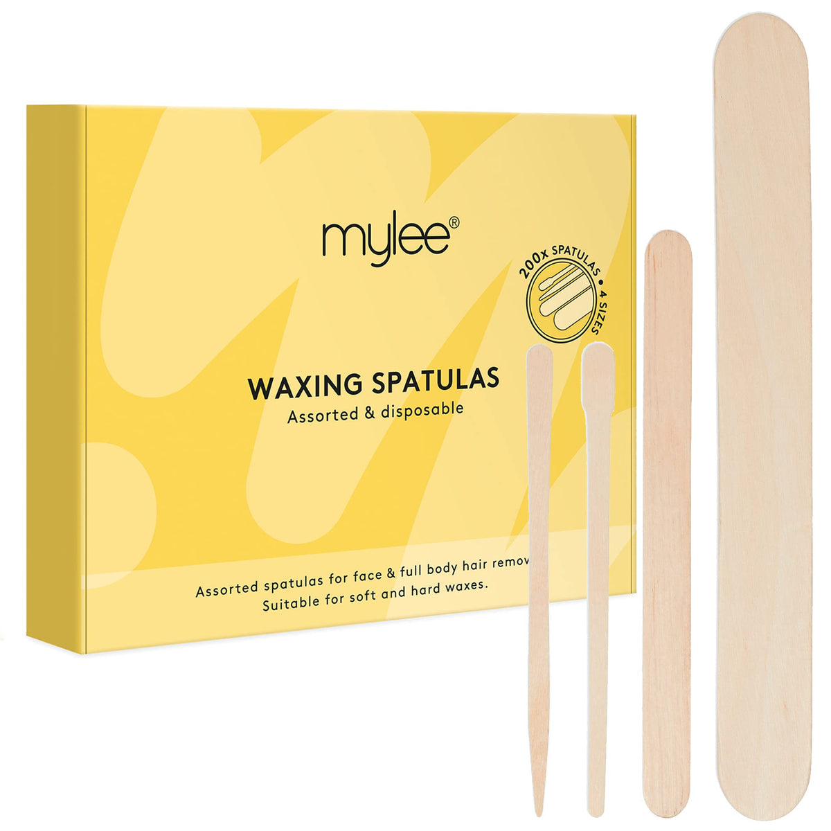 Mylee Assorted Disposable Wooden Waxing Spatulas, Pack of 200, Smooth & Natural Wooden Sticks, 4 Sizes for Precision Hair Removal, Soft or Hard Wax Applicator, for Body, Face, Eyebrow, Legs, Bikini