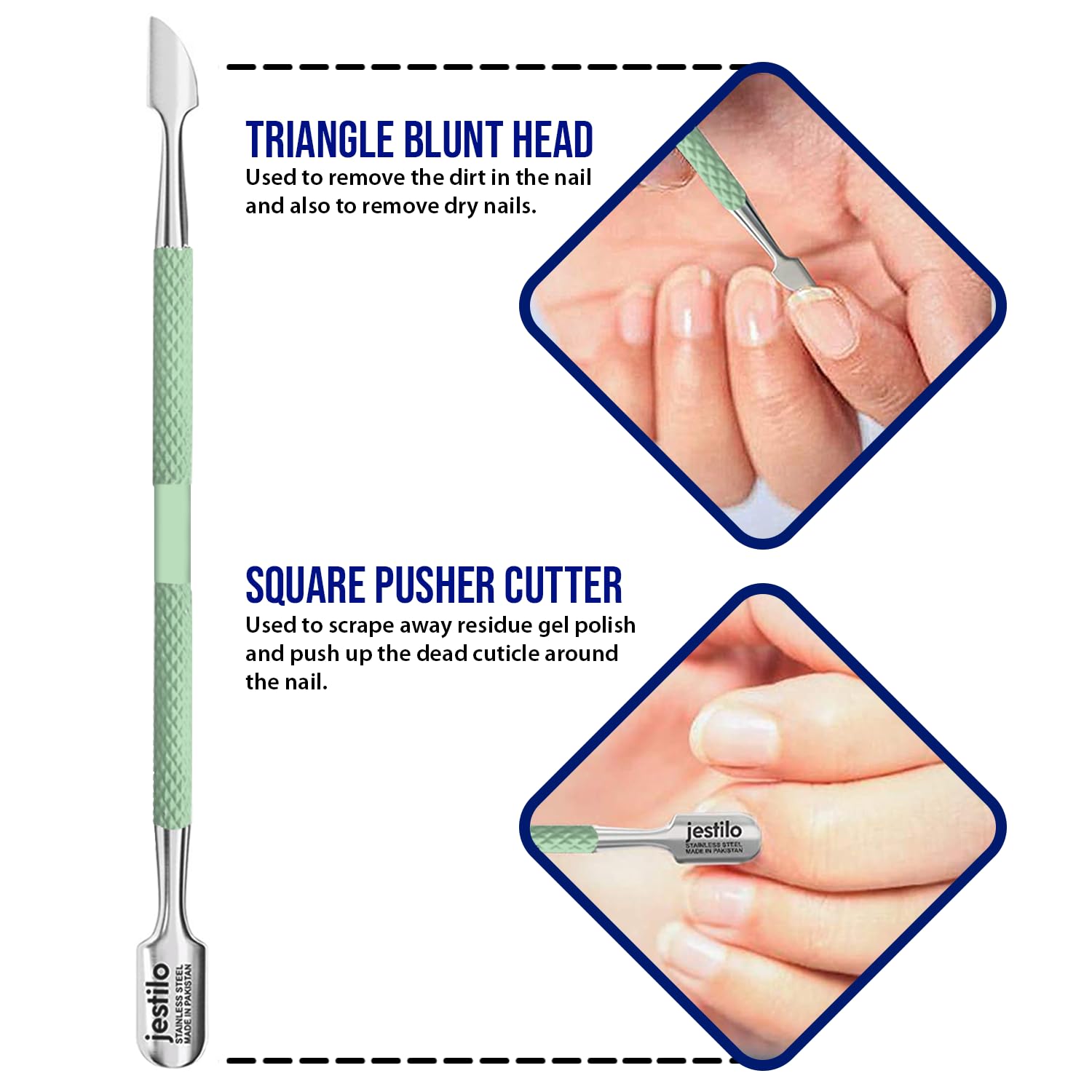 Jestilo Cuticle Remover Tool Set with Cuticle Cutter and Cuticle Pusher - Stainless Steel Professional Cuticle Nipper and Pusher Nail Care Tools for Salon and Level Mani-Pedi at Home - Silver (Green)