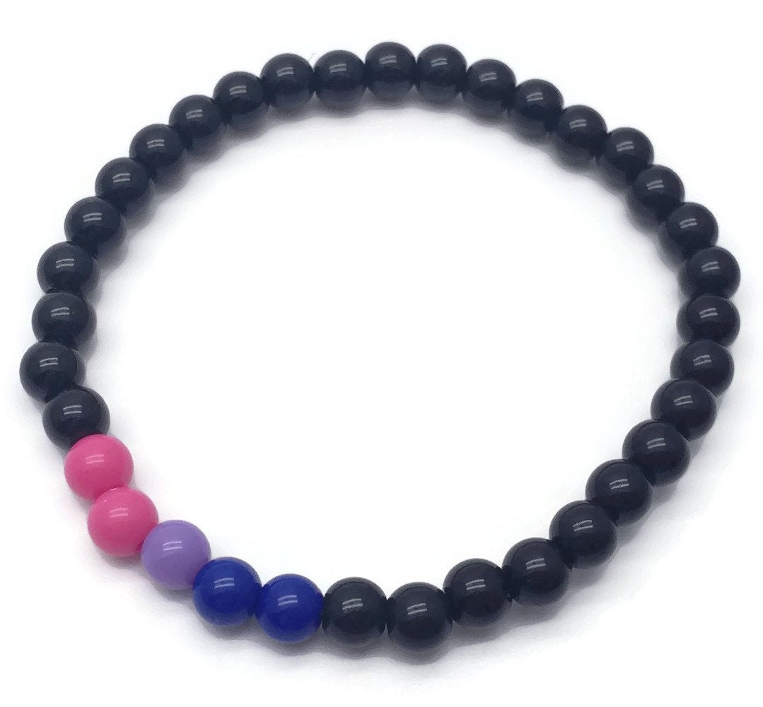 Bisexual Flag Bead Bracelet - 6mm Pink Lavender Blue and Black Acrylic Beads - Pride - Awareness - 7 inches