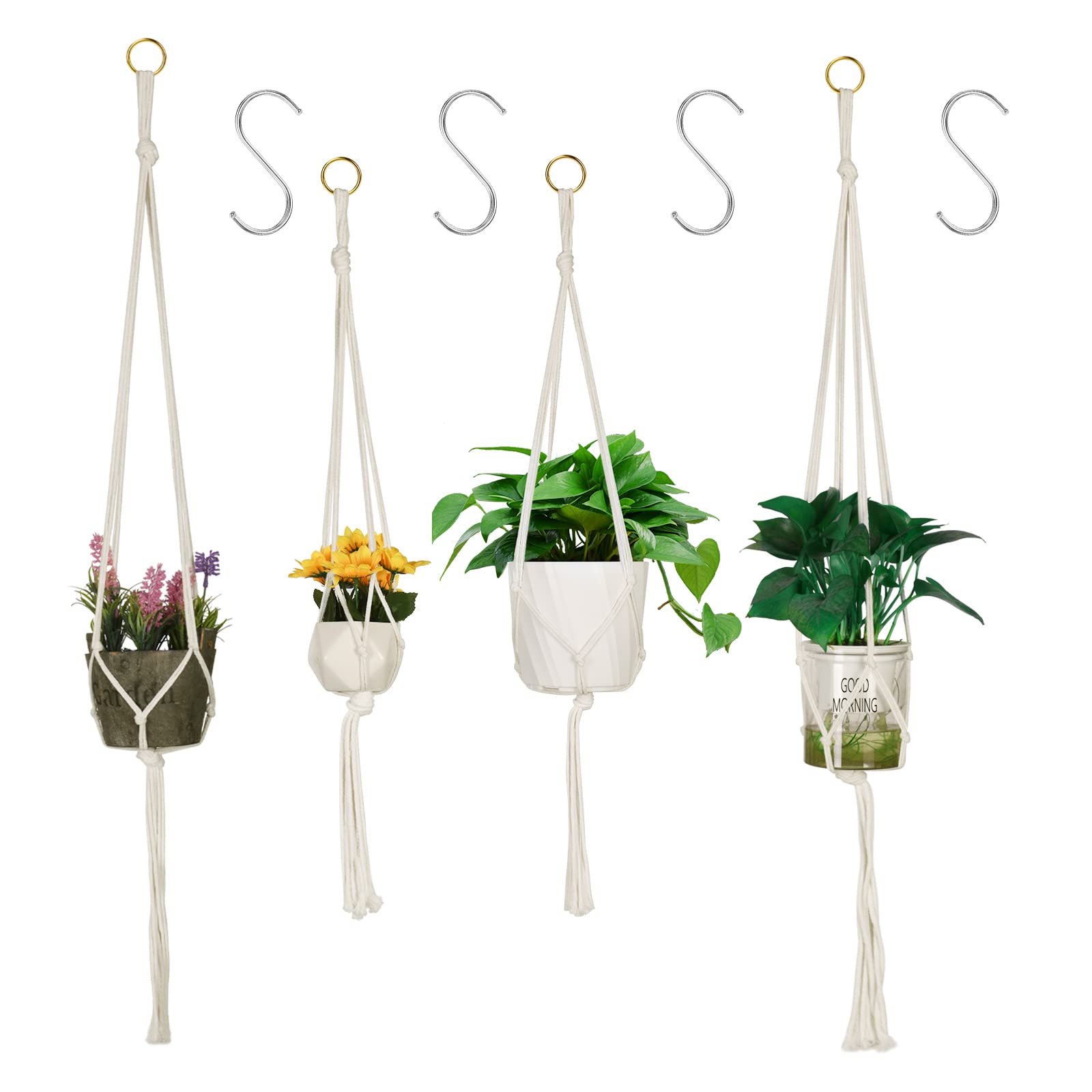 Hanging Planters Baskets, 4 Pack Cotton Rope Macrame Plant Hanger with 4 Hanging Hooks, Wall Hanging Flower Pot Holder for Indoor Outdoor Balcony Decoration - 80CM & 100CM