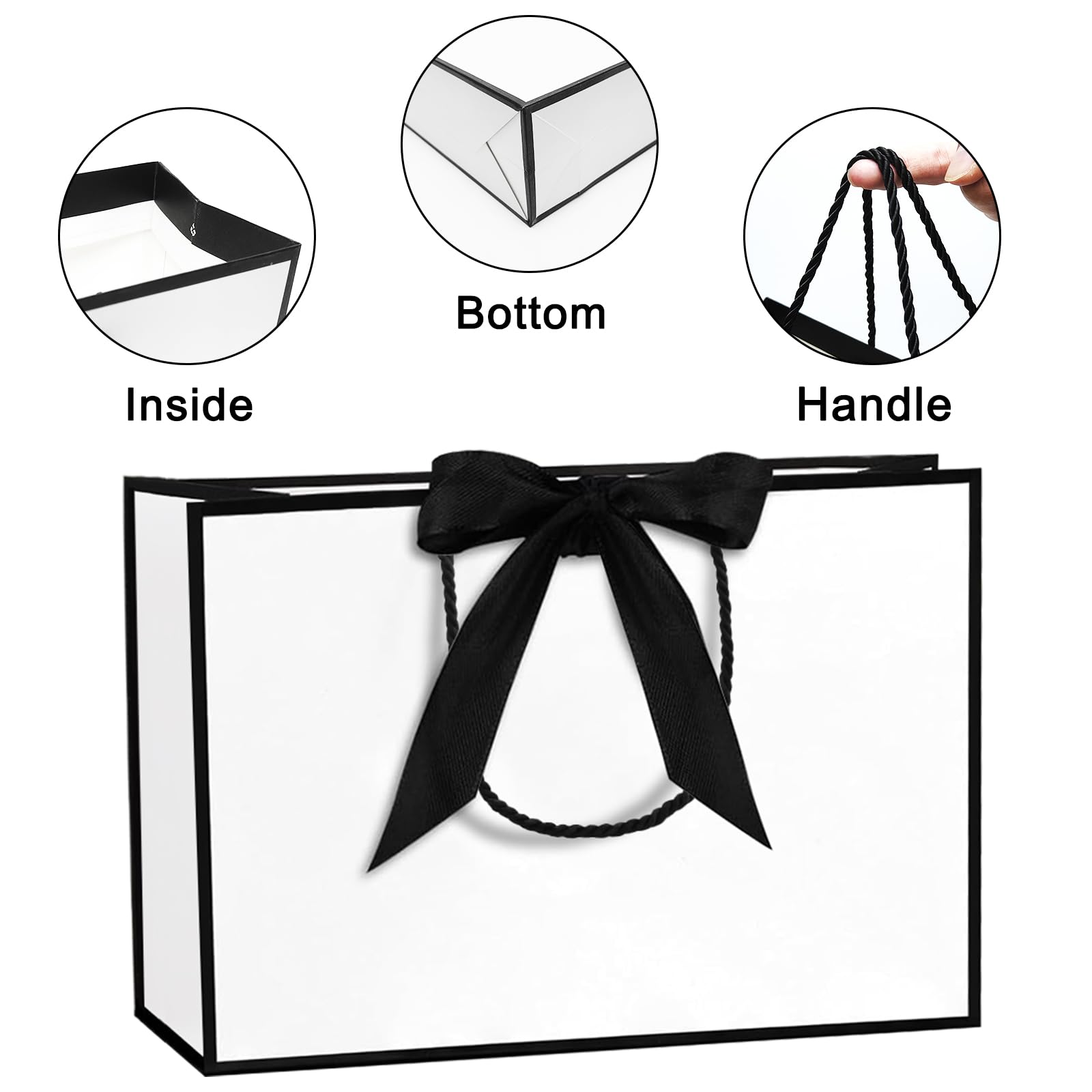 NADSSJL 6Pcs Gift Bags - Gift Bags Medium with 6 Bow Ribbons, 6 Tissue Papers, and 6 Cards. Party Bags with Handles for Weddings, Birthdays, Parties, Valentine's Day and Christmas (Black-White)