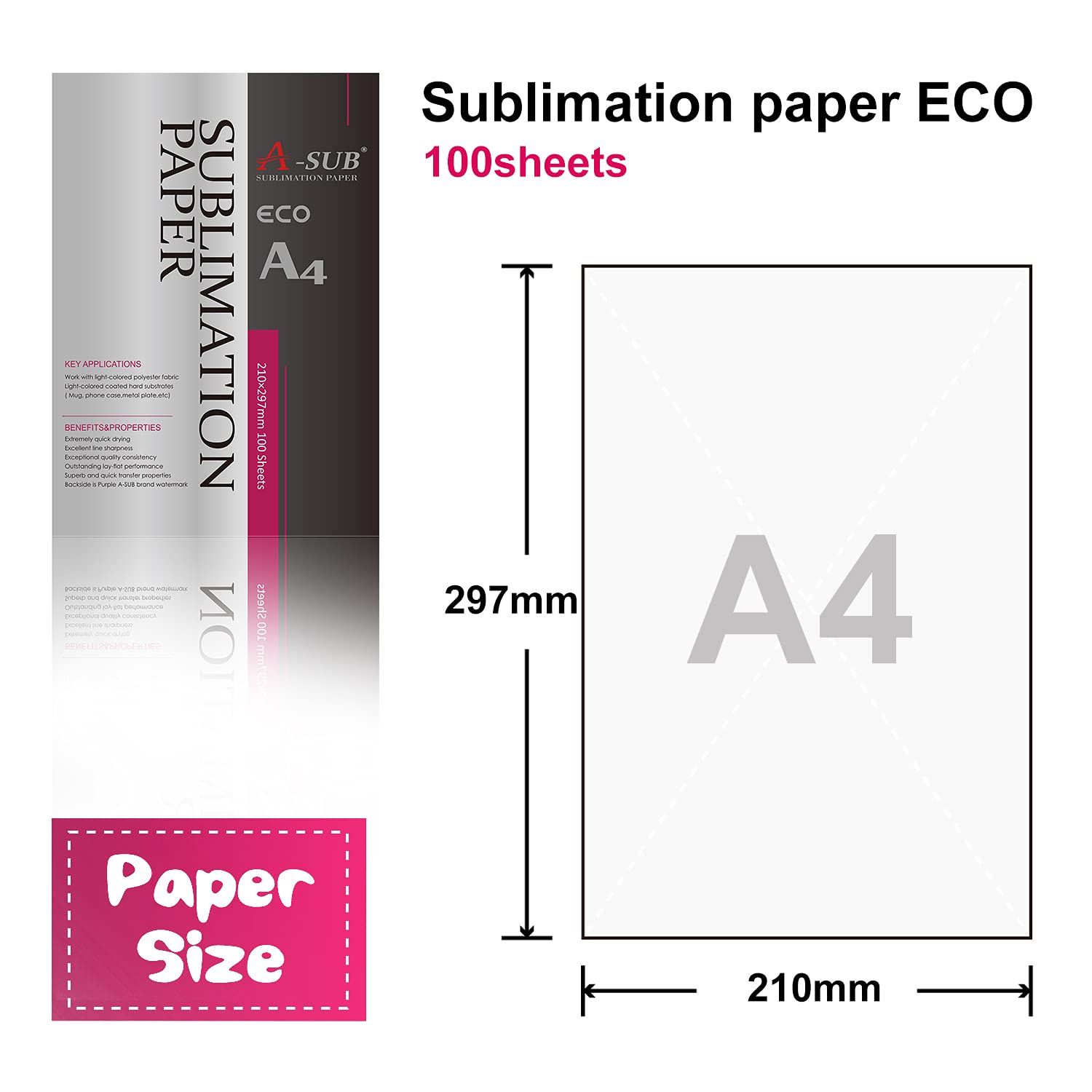 A-SUB Sublimation Paper A4, 210x297mm, 100 Sheets, Compatible with EPSON, SAWGRASS, RICOH, Brother Sublimation Printers