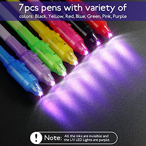 DazSpirit 7pcs Invisible Ink Pen Notebook Party Bag Fillers for Boys and Girls, Magic Marker Pens with UV Light for Kids, Spy Pens Invisible Ink for Writing Secret Message